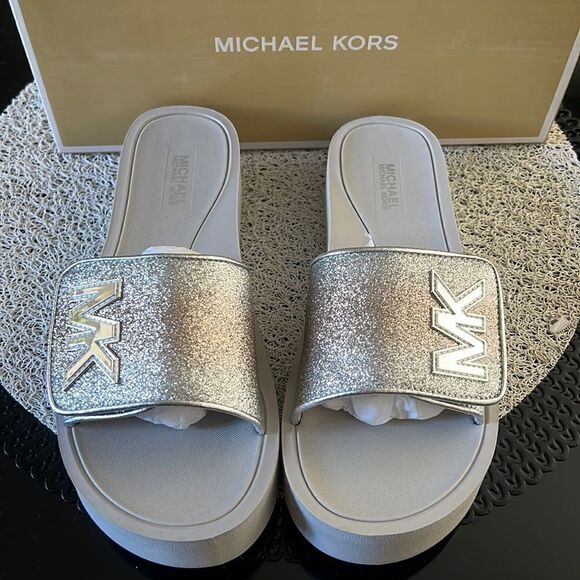 NEW MICHAEL KORS platform glitter silver sandals 10 - Picture 1 of 5